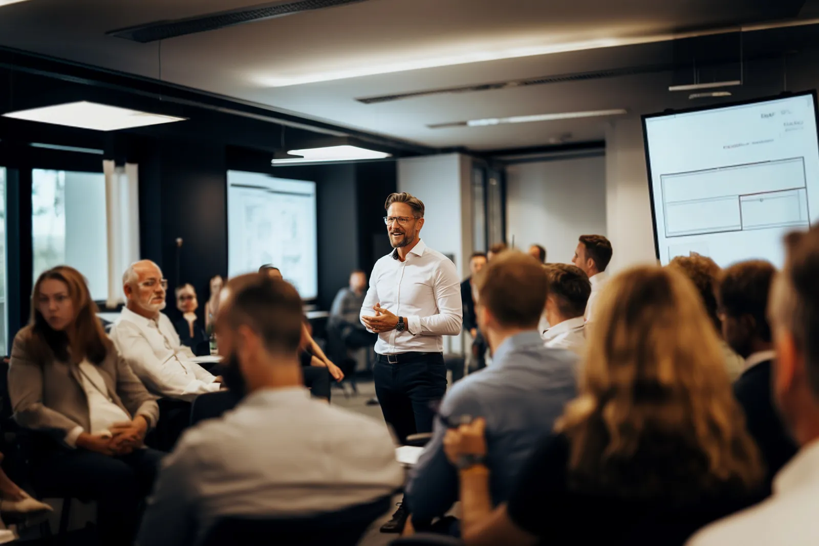 A man in a white shirt presenting to a seated audience in a modern room