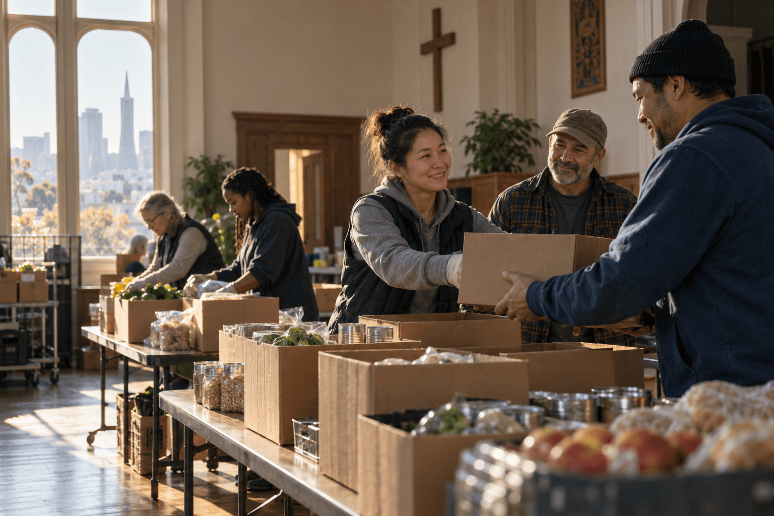 Volunteers prepare and pass boxes of food together in a sunlit San Francisco church community hall, showing faith made visible through shared action.